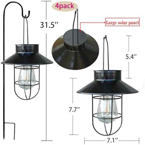 4 Pack Hanging Solar Lantern Lights with Shepherd Hook, Metal Waterproof Warm White Edison Bulb Lights for Garden Outdoor Pathway