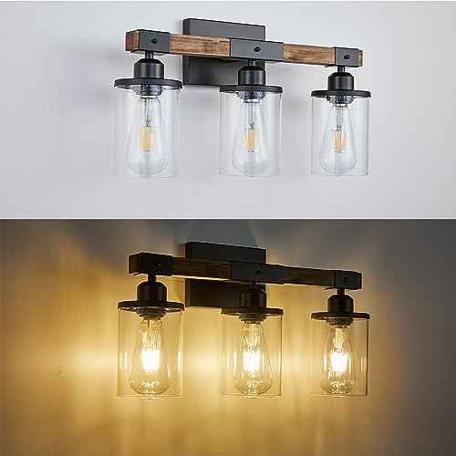 3-Light Bathroom Light Fixtures, Farmhouse Bathroom Vanity Light Rustic Wood Industrial Vintage Black Small Wall Light Sconce Lamp Over Mirror with Clear Glass Shade for Bedroom