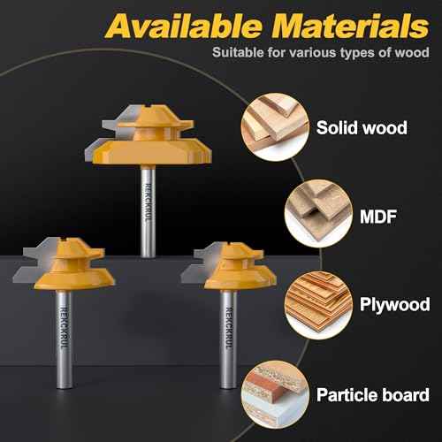 Professional 3 PCS 45 Degree Lock Miter Router Bit Set - Carbide Tipped, 1/4" Shank, Cutting Height: 1/2", 5/8", 3/4", Woodworking Tools for Cabinets, Drawers, Doors & Furniture