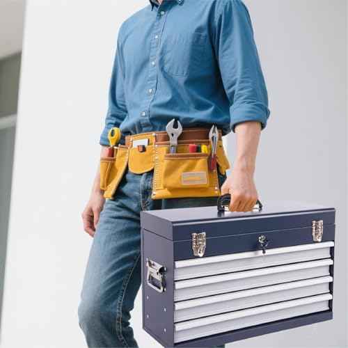 21-Inch Metal Tool Box with 4 Lockable Drawers, Portable Tool Chest Organizer for Mechanics & DIY | Auto-Locking System, Smooth Ball Bearing Slides, Durable Powder Coated Finish | EVA Padding