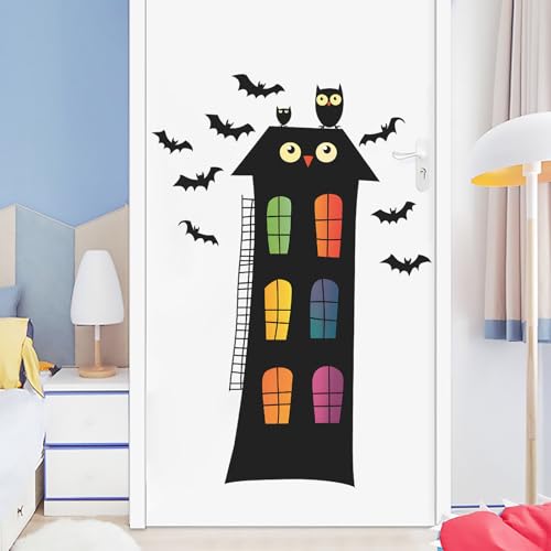 Spooky Halloween Door Stickers 24x35.4 inch Removable Black Owl Bats Decal Haunted House Decor for Front Door Kids Room Instant Spooky Season Decor