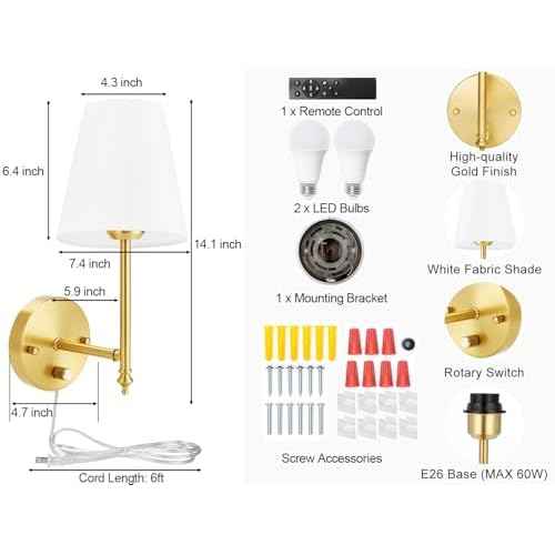 Wall Sconces Set of Two with Remote Control, Dimmable, Adjustable Colors 2700-6500K, Plug in Wall Sconces with White Fabric Shades, Plug in Wall Light, Gold