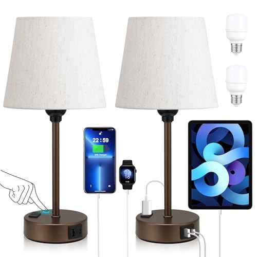 Brown Bedside Lamps for bedrooms Set of 2 - Nightstand Bedroom Lamp with USB C Port and AC Outlet Charging, 3 Way Dimmable Touch Control Small Bed Side Table Lamp, Nightstand Light for Kids