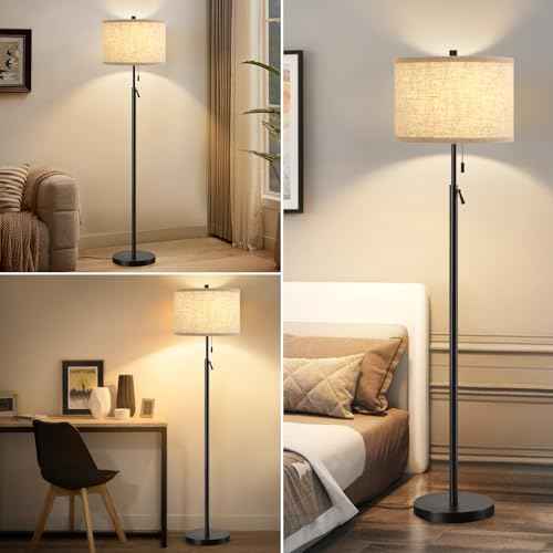 GyroVu Black Floor Lamp, Height Adjustable Standing Lamp Tall Lamp with Fabric Lampshade&Pull Chain Corner Floor Lamps for Living Room, Bedroom & Office Bulbs Not Included(Black Base)