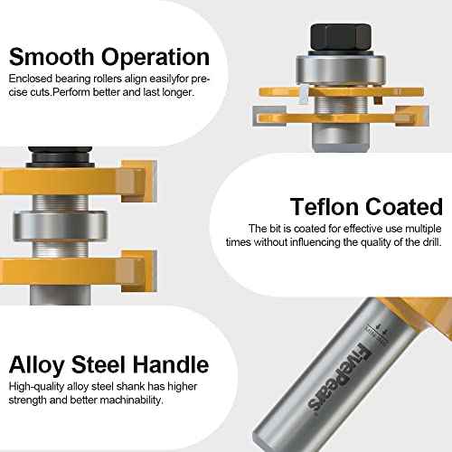FivePears Adjustable Tongue and Groove Router Bit Set with 1/2 Inch Shank, Shaker Style 3 Teeth T Shape Wood Milling Router Bit for Match Oak Hardwood Floor Wainscoting Boards Joinery
