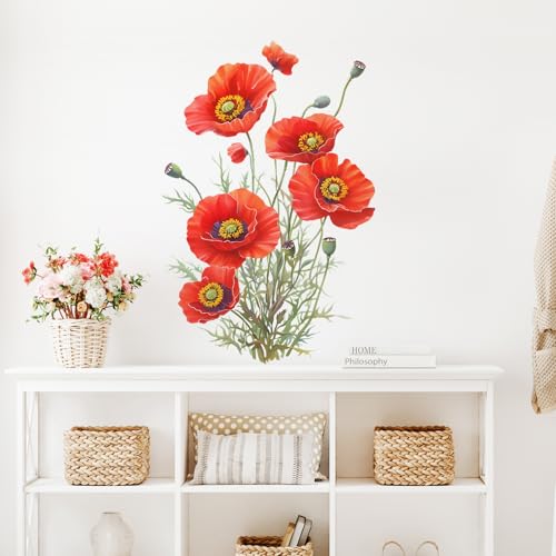 Red Poppy Wall Decals Removable Blooming Flower Vinyl Stickers for Nursery Living Room and Bathroom Botanical Decor Peel and Stick Wall Art for Feminine