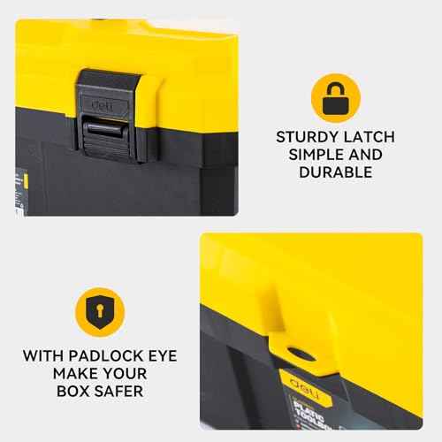 DELI 16-inch Tool Box with Removable Tray, Small Parts Organizer in Lid, Plastic Small Tool Box with Lock Secured and Handle, Black/Yellow