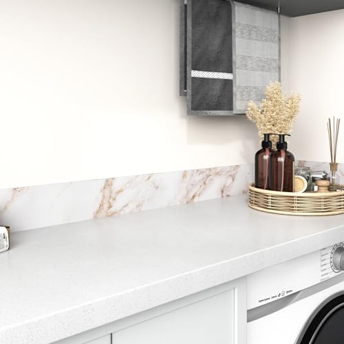 Wallercity Matte White/Gold Marble Print Wallpaper Border Roll for Mirror Frame Peel and Stick Wallpaper Border Stickers Board Trim Moulding Sticker Marble Contact Paper for Wall Decor 3.94''x197''