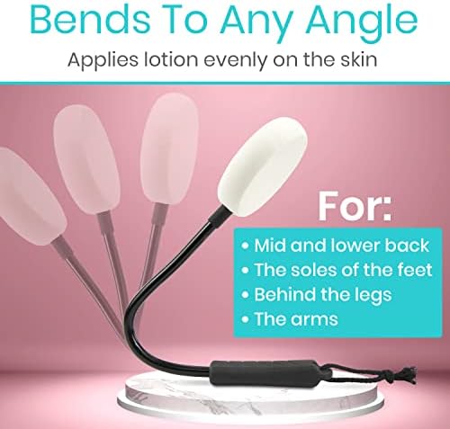 Vive Bendable Lotion Applicator for Your Back - Easily Apply Sunscreen, Self Tanner, Moisturizer, & Cream to Feet, Back, & Body - Long Handled Shower Wand Brush for Women & Men - Reusable, Washable