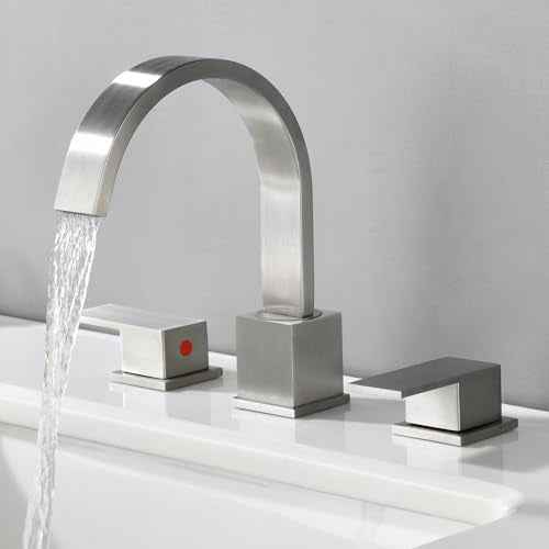 Widespread 8 Inch Brushed Nickel Bathroom Sink Faucet, Waterfall Nickel Stainless Steel Bathroom Faucet for Sink 3 Hole, Vanity Lavatory Sink Faucets with Drain & Water Hoses
