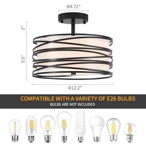 Drum Semi Flush Mount Ceiling Light Fixture Vintage Modern Farmhouse 2-Lights Linen Drum Ceiling Lighting Rustic Black Ceiling lamp for Dining Room, Bedroom, Kitchen, Laundry Room