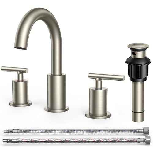 FORIOUS Brushed Nickel Bathroom Faucet 3 Hole with Metal Pop Up Drain and 24" Supply Hose, 2 Handle 8 Inch Widespread 3 Hole Vanity Faucet for Bathroom Sink Brush Nickel with 360¡Æ Swivel Spout