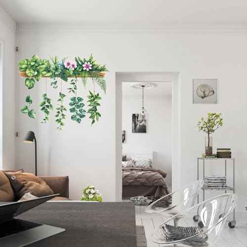 Green Plant Leaves Wall Stickers Decor Hanging Flower Vine Wall Decals Peel and Stick DIY Removable Tropical Nature Wall Art for Living Room Bedroom Kitchen Classroom Office