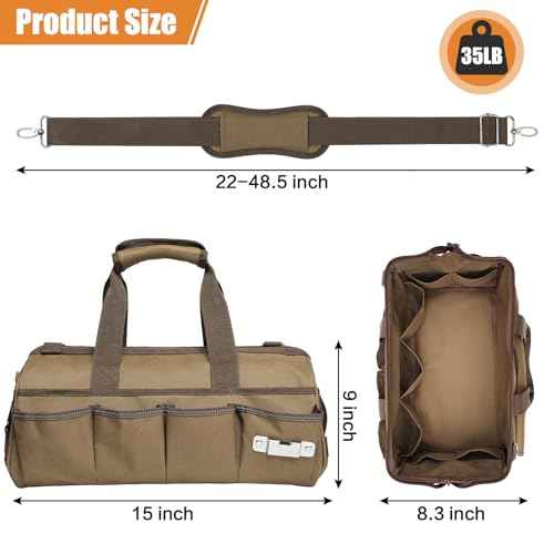 Smart Elf 15-Inch Tool Bag, 20-Pocket Portable Heavy-Duty Tool Bag with Adjustable Shoulder Strap and Ergonomic Handle, Thickened Version - The Most Practical Gifts for Men (Khaki)