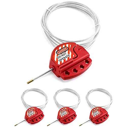 QWORK Lockout Tagout Cable Lock, 4 Pack Adjustable Steel Vinyl Coated Cable Lockout, 3/16" Diameter, 5.9' Length, Red