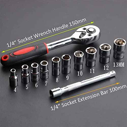 12-Piece 1/4" Ratchet Socket Wrench Set, Drive Socket Set of 10 4-13mm Socket Quick Release Ratchet Handles and Extensions
