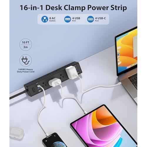 40W Fast Charging Station,Desk Clamp Power Strip 20W USB C,8 Outlets,8 USB Ports,4 USB C and 4 USB A, Office Furniture Surge Protector, 14AWG Cord, Fits 1.9" Tabletop Edge (Black, 10FT Length)