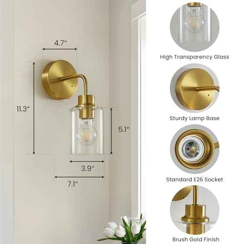 Battery Operated Wall Sconce Set of Two - Dimmable Wireless Sconces Set of 2 with Remote Control, Cordless Rechargeable Gold Wall Lights 3000K Modern Wall lamp for Bathroom Bedroom Living Room