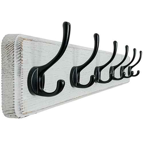 Dseap Coat Rack Wall: 24" Long, Patented, Heavy-Duty, 6-Double-Hooks Wooden Wall Mounted Coat Rack Coat Hanger Hook Rail for Winter Coats Hat Jacket Clothing, White & Black