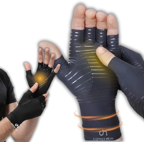 COPPER HEAL Copper Compression Gloves – Pain Relief for Arthritis, Carpal Tunnel & RSI – Fingerless Pair