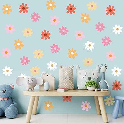 BBTO Daisy Wall Decal Flower Vinyl Wall Floral Decals Peel and Stick Daisy Stickers for Kids Nursery Art Bedroom Living Room(Pink, White, Orange)
