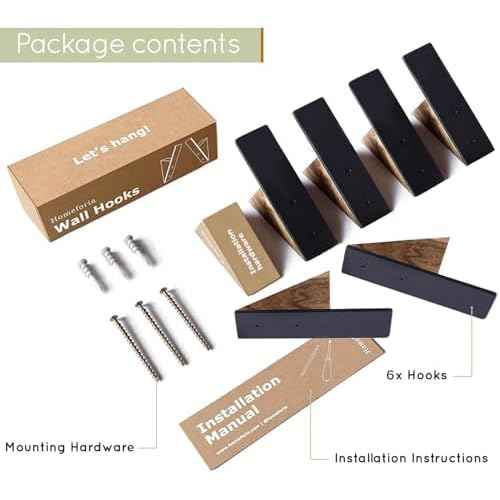 Homeforia Walnut Wood Coat Hooks, High End Walnut Wood & Black Metal Wall Mounted Coat Hooks, Mid-Century Modern Clothes Hooks, Heavy Duty Wooden Hooks for Hanging Coats, Hats, Towels & More, Set of 6