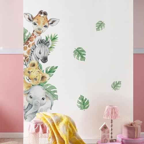 Supzone Jungle Animal Wall Stickers - Cartoon Animal Wall Decals with Giraffe, Zebra, Elephant & Green Leaves - Wall Art Stickers for Kids, Baby Nursery, Bedroom, Playroom & Kindergarten Decor