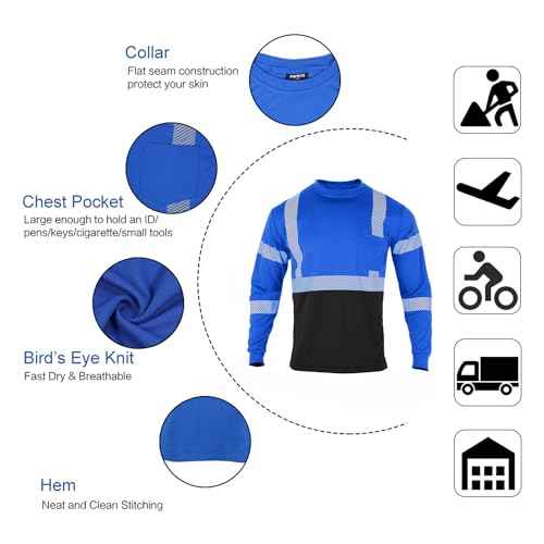 FONIRRA Safety Reflective High Visibility T Shirts for Men with Long Sleeve Construction Work Shirts ANSI Class 1 Blue