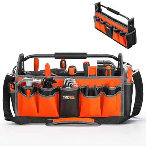 Tool Tote Bag, 15-Pocket Storage Organizer, Heavy-Duty Handle, Orange and Black