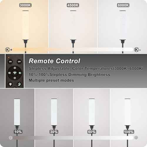 Floor Lamp with Remote Control, Floor Lamps for Living Room/Bedroom/Office, Stepless Adjustable 3000K-6000K Colors and 10-100% Brightness,Standing Light with Foot Switch (Black+Beige Linen)
