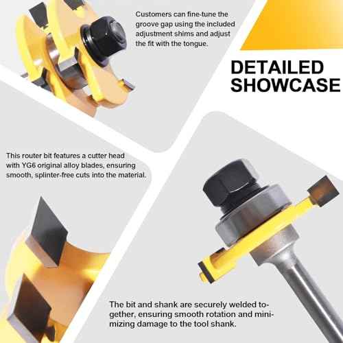 Tongue and Groove Router Bit Set of 2 Pieces, 1/4 Inch Shank, 3 Teeth Adjustable T Shape Wood Milling Cutter, 1/2Inch Cutting Depth£¬3/4Inch Stock£¬Woodworking Tools