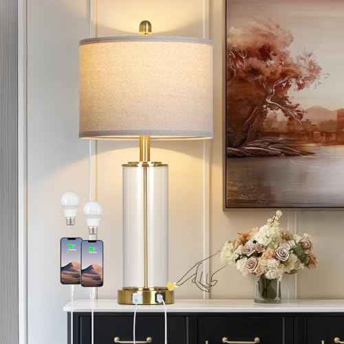 26" Gold Glass Table Lamp for Living Room Single, 3-Way Dimmable Touch Control Bedroom Lamps with USB C+A Ports & AC Outlet, Modern Bedside Lamp for Nightstand Side End Table (Bulb Included)