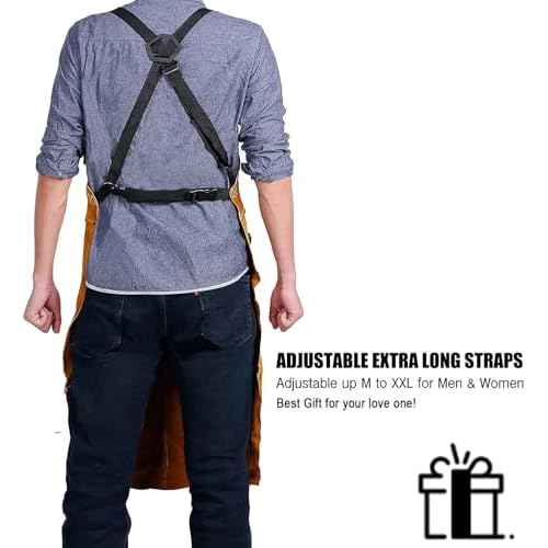 QeeLink Leather Welding Work Apron with 6 Tool Pockets, Heat & Flame Resistant Aprons, 24" x 36", Adjustable M to XXXL