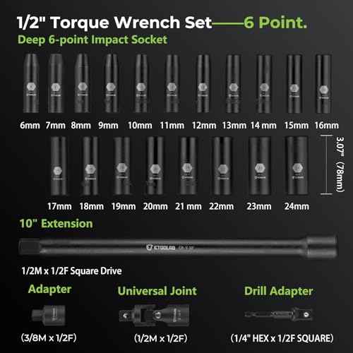 etoolab 1/2" Drive Click Torque Wrench with Deep Impact Socket (6~24mm),Dual-Range¡¼10-170ft.lb/13.6-230.5Nm¡½¡¾3% Precision,10" Extension Bar,Universal Joint,Drill Adapter