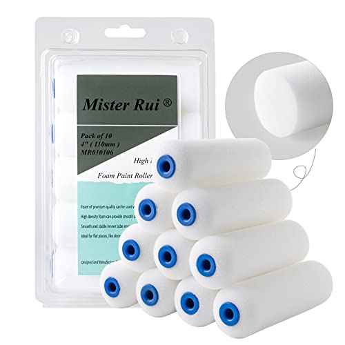 Mister Rui Foam Paint Roller, Sponge Paint Roller Sleeve, High Density Foam, for Furniture Painting and Decorating, 4 Inch Head-Rounded Design (110mm), Pack of 10