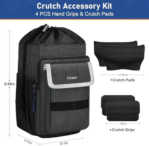 Ytonet 5 PCS Crutch Pads, Bag & Hand Grips, Includes 2 Armpit Pads & 2 Non-Slip Grips, Water-Resistant Lightweight Accessories Storage Pouch with Reflective Strips for Standard Crutches (Black Blue)