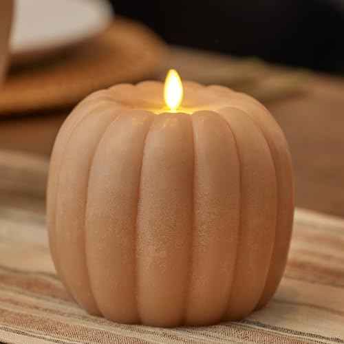 Luminara Tall Pumpkin Figural Flameless Flickering Moving Flame LED Candle (5.7" x 5.5"), Chalky Finish Real Unscented Wax, Time Function (Irish Cream)