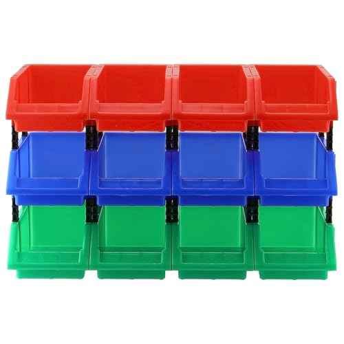 HOIGON 12 Pack Garage Storage Tool Bin, 7.09 x 4.72 x 3.15 Inch Plastic Hanging Stacking Stackable Organizer Storage Rack for Hardware Tools Organization, Workshop, Small Parts, Green Blue Red
