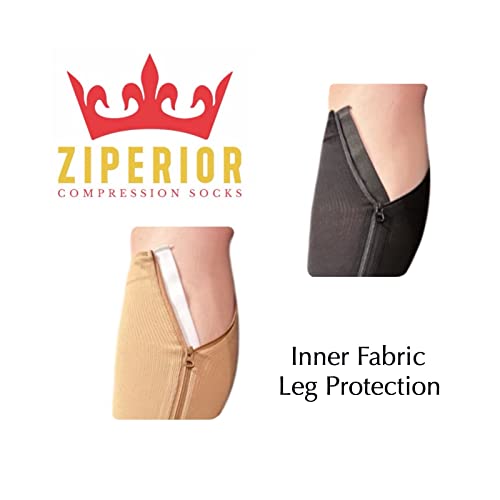 Thigh High 20-30 mmHg Compression Wide Calf Inside Leg Zipper Open Toe (Nude, Small-Medium)