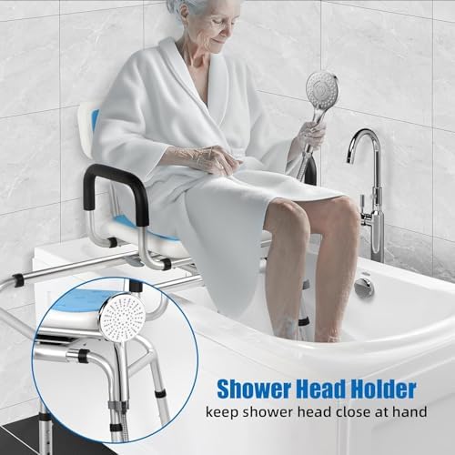 Sliding Shower Chair Tub Transfer Bench with Swivel Seat-Adjustable Height, Padded Armrests & Non-Slip Feet - Shower Chair for Inside Tub, Ideal for Seniors & Disabled