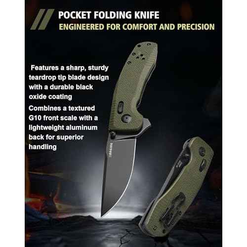 Pocket Folding Knife(EDC)- 3.35" D2 Steel PVD Nitro-V Steel Blade, G10 Handle- Lightweight Folding knives with Clip for Camping, Hiking, Hunting Survival Multi-Tool (Olive Green)