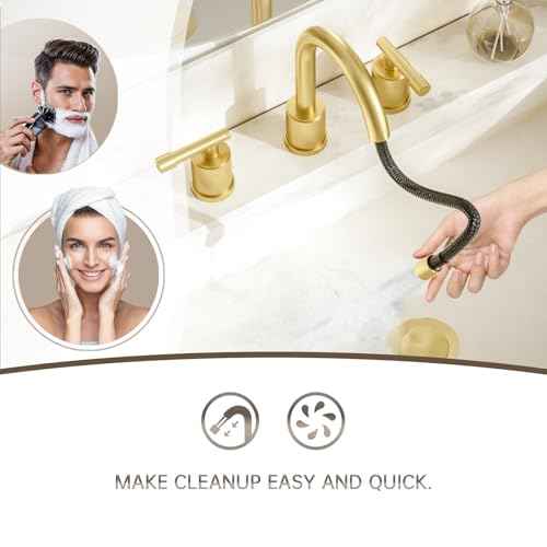Phiestina Brushed Gold Bathroom Faucet Pull Down- 8 Inch Widespread 3-Hole with Pull-Out Sprayer,Lead-Free Stainless Steel,Metal Pop-Up Drain,Water Supply Lines,2 Handles,WFZY01CL-BG