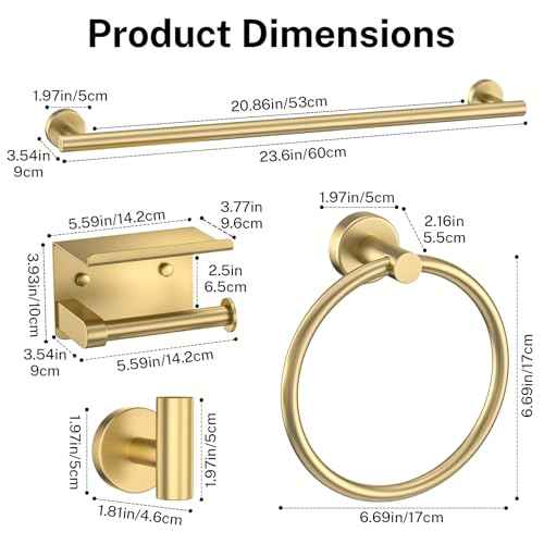 Brushed Gold Bathroom Hardware Set 5 Pieces Towel Bar Set Round Towel Holder Set for Bathroom,Upgraded Toilet Paper Holder with Shelf,Stainless Steel Wall Mounted 23.6 Inch