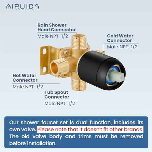 Airuida Shower Faucet Set with Tub Spout Bathtub Faucet Kit Shower Tub Faucet Set Complete Tub Shower Trim Kit with Solid Brass Rough-in Valve Rainfall Round Shower Head, 6 Inch, Matte Black