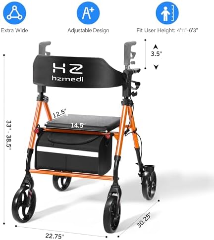 Walkers for Seniors with Seat, 8" Big Wheels Adult Lightweight Rollator with Backrest, Dual Adjustable Height Foldable Aluminium Medical Rolling Walker with Brakes| Deep Orange
