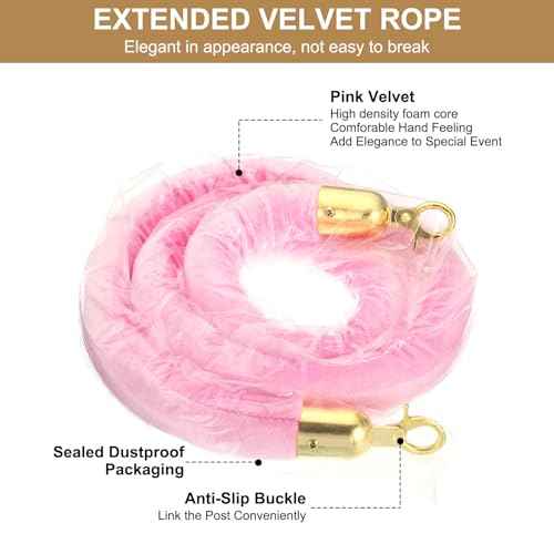 PATIKIL 5 Feet Pink Velvet Stanchion Rope, 6 Pack Crowd Control Barrier Rope with Snap Hooks for Posts Stands Queue Divider of Hotel Theater, Golden