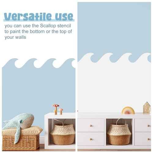 Fuutreo 6 Pcs 14.8 ft Vinyl Sea Waves Stencil for Wall Removable Wave Edge Paint Stencils Self Adhesive Wall Stencil for Home Bedroom Living Room Nursery DIY Painting Decorations