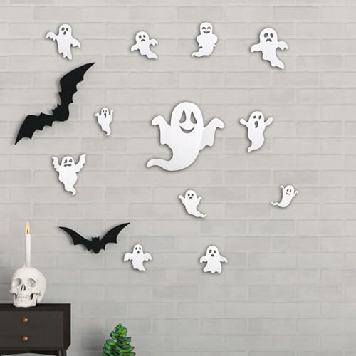 24pcs 3D Ghost Stickers - Reusable Cute Halloween Decor - Self-Adhesive White Ghost Wall Stickers for Gothic Window, Door, Wall, Room, Closet