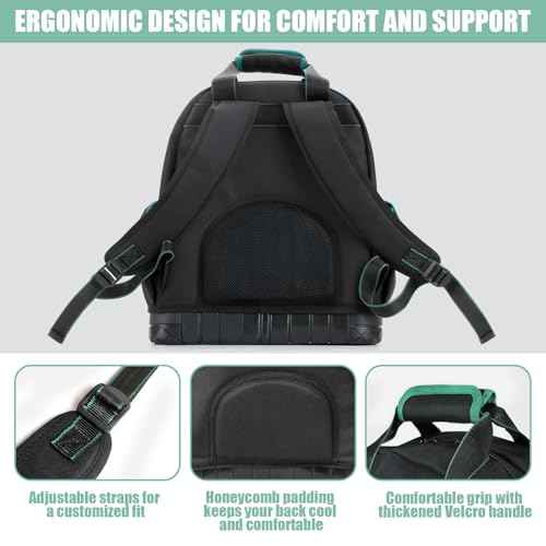 Tool Backpack Heavy Duty with Hard Bottom, Tool Backpack for Men, Electrician Bag, 15 Pockets, Waterproof Construction Backpack for HVAC, Mechanics, and Jobsite