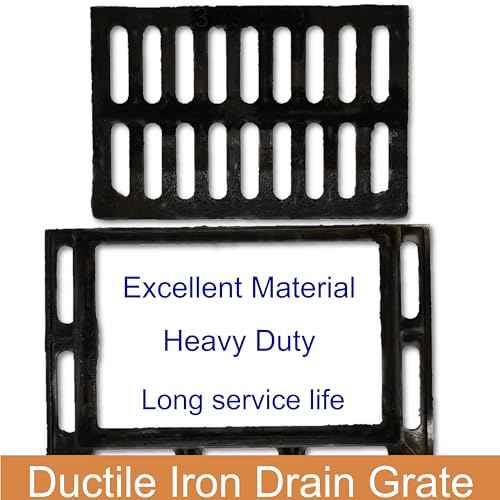 Cast Iron Drain Grate and Frame, 12x8 Outdoor Drain Cover, B Class Sewer Grate with Base, Durable Heavy Duty Channel Grate, Black Rectangle Drainage Grate for Driveway, Concrete, Yard